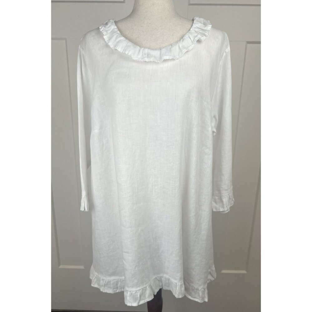 Match Point USA White Linen Ruffle Tunic Dress L Made in USA 3/4 Sleeve Cottage